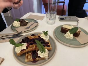 Brownie, waffles and banana bread  at Bistro Deppat in Vienna
