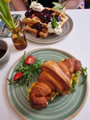 stuffed croissant and sweet waffles at Bistro Deppat in Vienna