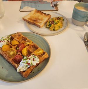Savory waffles and Omelette at Bistro Deppat in Vienna