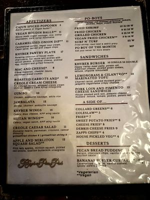 Food menu with clearly labeled vegan items  at Khyber Pass Pub in Philadelphia