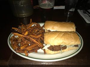 Vegan sausage sandwich w/ sweet potato fries at Khyber Pass Pub in Philadelphia