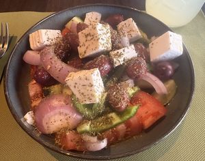Greek salad with vegan feta   at Kuro Siwo in Kefalonia