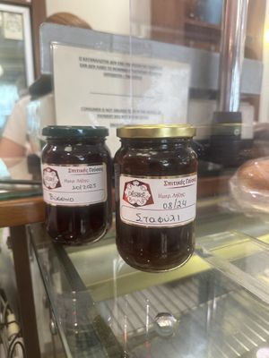 Grape and sour grape syrups used for side of coffee, can also be used for desserts or yogurt.  at Désiré in Athens