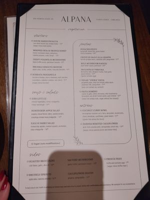 Menu with vega/vegan at Alpana  in Chicago
