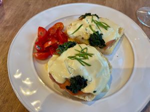 The eggs benedict is so good! So nice I can eat this old favorite again! at Bellis  in Visalia