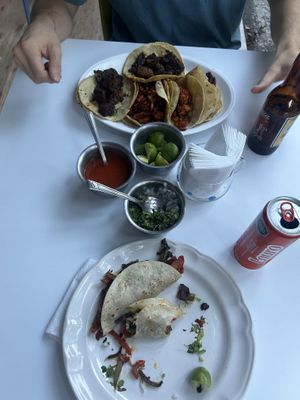 up left: beef, up middle: pollo, up right: enchilada (its hidden), down: 3 seitan steak tacos  at Veganion in Mexico City
