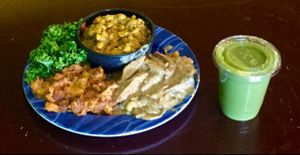 Kale Cafe Vegan Value Meal: Seitan Marsala w/ Curry Channa, Kale Salad and Cinnamon-Apple Yams. Green Stuff Smoothie.  at Kale Cafe Vegan Kitchen in Daytona Beach