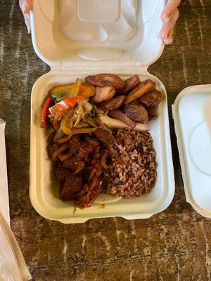Seitan, Jamaican rice, potatoes and vegetables   at Kale Cafe Vegan Kitchen in Daytona Beach