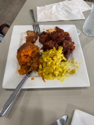 BBQ Seitan, Mac and cheese , sweet potato casserole. Great vegan food great people, we absolutely love this place! at Kale Cafe Vegan Kitchen in Daytona Beach