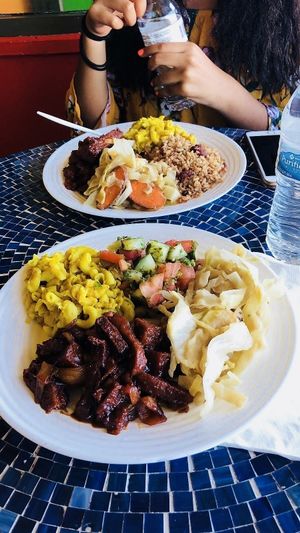 BBQ seitan, mac&cheese, cabbage, tabouleh  at Kale Cafe Vegan Kitchen in Daytona Beach
