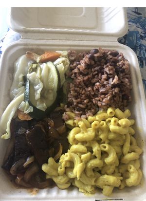 Mac n cheese, seitan, rice and peas and veggies....yummy  at Kale Cafe Vegan Kitchen in Daytona Beach