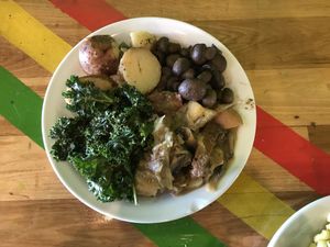Vegan Value Meal- Vegetables, kale salad, seitan marsala, mushrooms at Kale Cafe Vegan Kitchen in Daytona Beach