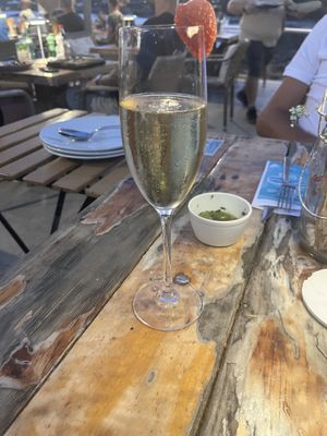 Cava met een aardbei   at Xiringuito in Mallorca