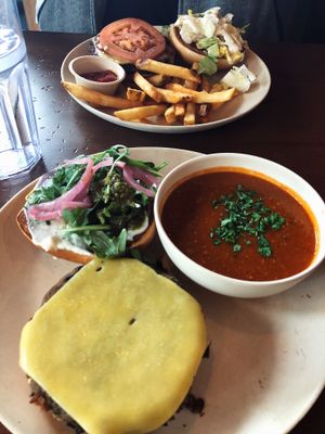 Top: steakhouse burger & fries; Bottom: quinoa and veggies burger & lentil soup at Veggie Grill by Next Level in Westlake Village