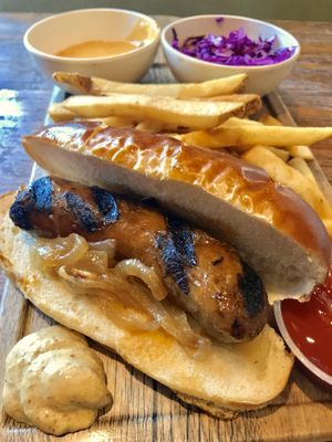 Beyond sausage brat w/ pretzel bun. Delicious  at Veggie Grill by Next Level in Westlake Village
