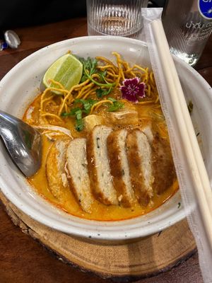 Khao souy with mock crab cakes - so good! at Kem-Kon KhaoSan (เข้ม-ข้น ข้าวสาร) in Bangkok