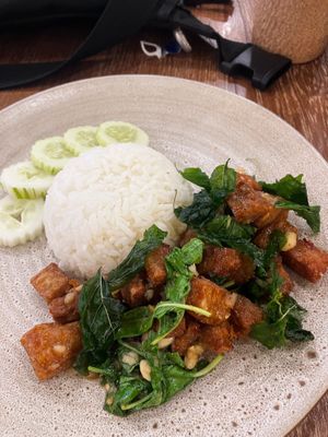 Mock pork and basil dish at Kem-Kon KhaoSan (เข้ม-ข้น ข้าวสาร) in Bangkok