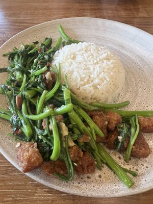 morning glory and “pork"  at Kem-Kon KhaoSan (เข้ม-ข้น ข้าวสาร) in Bangkok