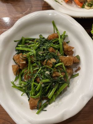 Crispy pork with morning glory. Delicious!   at Kem-Kon KhaoSan (เข้ม-ข้น ข้าวสาร) in Bangkok