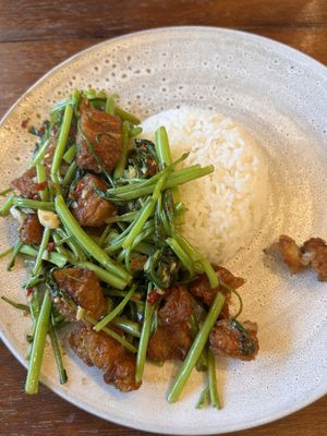 ‘Pork’ with morning glory, very tastyy  at Kem-Kon KhaoSan (เข้ม-ข้น ข้าวสาร) in Bangkok