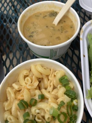 Broccoli cheddar soup and Mac n “cheese"  at Native Foods in Glendale