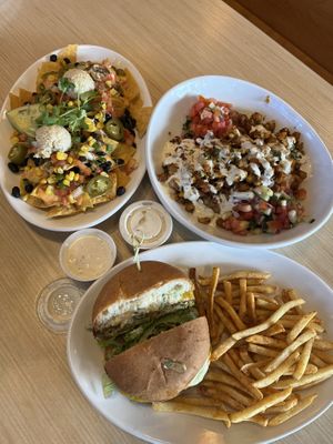 Nachos w/added Avocado, Cauliflower Chickpea Shawarma Bowl,                                                Special made gluten-free Poppin Jalapeño Burger w/Fries & Ranch  at Native Foods in Glendale