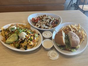 Nachos w/added Avocado, Cauliflower Chickpea Shawarma Bowl,                                                Special made gluten-free Poppin Jalapeño Burger w/Fries & Ranch  at Native Foods in Glendale
