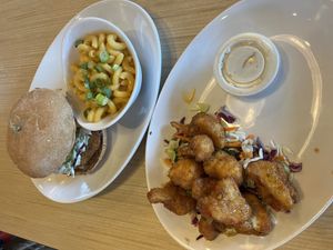 Big Dill Sandwich (monthly special) w/Mac & Cheese                                  (The sandwich was SO Good!!!)    Thai Chili Cauliflower Dippers           w/Ranch  at Native Foods in Glendale