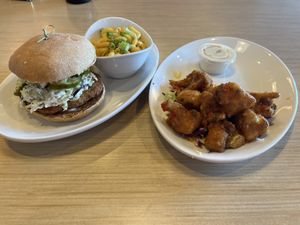 Big Dill Sandwich (monthly special) w/Mac & Cheese                                  (The sandwich was SO Good!!!)    Thai Chili Cauliflower Dippers           w/Ranch  at Native Foods in Glendale