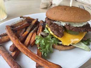 Poppin Jalapeño Burger (gf) and Sweet Potato Fries   at Native Foods in Glendale