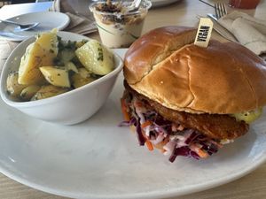Vegan Hot w Potato Salad, great dill flavor   at Native Foods in Glendale
