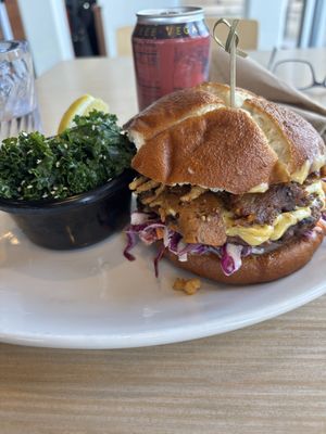 BBQ brisket burger and steamed kale #Veganuary at Native Foods in Glendale