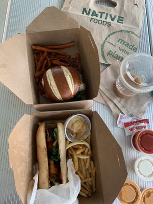 Meatball sub and chicken sandwich on pretzel bun at Native Foods in Glendale