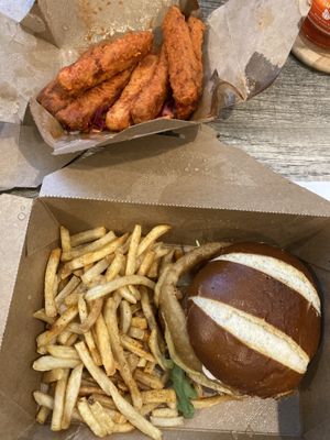 Burger w/fries & crispy buffalo wings at Native Foods in Glendale