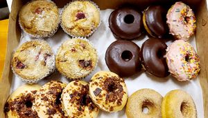 Day old doughnuts & muffins at Rainbow Bakery in Bloomington