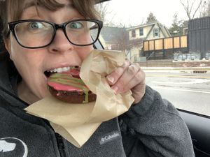 Chocolate Raspberry Matcha Donut   at Rainbow Bakery in Bloomington