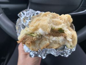 ‘Roast beef’ with kale and cheeze on a yummy biscuit! These Rainbow breakfast sandwiches are often for sale at Morgenstern’s bookstore. 🌈  at Rainbow Bakery in Bloomington