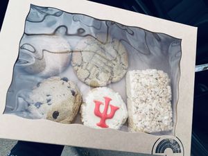 Yummy cookies! Snickerdoodle, peanut butter, salted chocolate chip, IU iced sugar & Rice Krispie bar 😋  at Rainbow Bakery in Bloomington