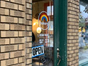 Rainy day welcome! at Rainbow Bakery in Bloomington