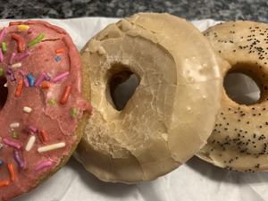 A gaggle of tasty donuts! Homer, maple + lemon poppyseed  at Rainbow Bakery in Bloomington