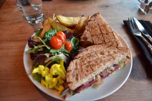 The veggie burger with sandwich bread (you have 3 options of bread) at The Plant Cafe Organic Cafe in Burlingame