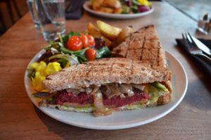 The veggie burger with sandwich bread (you have 3 options of bread) at The Plant Cafe Organic Cafe in Burlingame