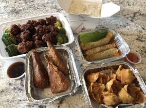 sugar cane drumsticks, spring rolls, wontons and teriyaki soy chicken at Chen Vegetarian House in West Reading