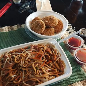 Vegetable Lo Mein and Chicken Nuggets. So good at Chen Vegetarian House in West Reading