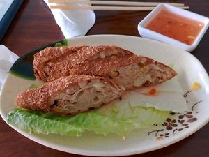 Vegan Roll - Wheat protein, vegan seasoning, corn, kongac, mushroom, celery, water chestnuts and a big kiss from God. 3/2026 at Chen Vegetarian House in West Reading