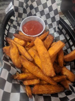 Yam fries with ketchup at Flipp'n Burgers in Calgary