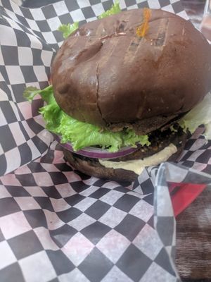 Organic vegan burger with hummus at Flipp'n Burgers in Calgary