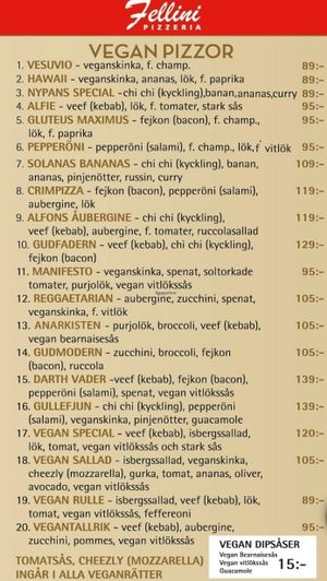 17 pizzas and 3 other dishes at Pizzeria Fellini in Stockholm