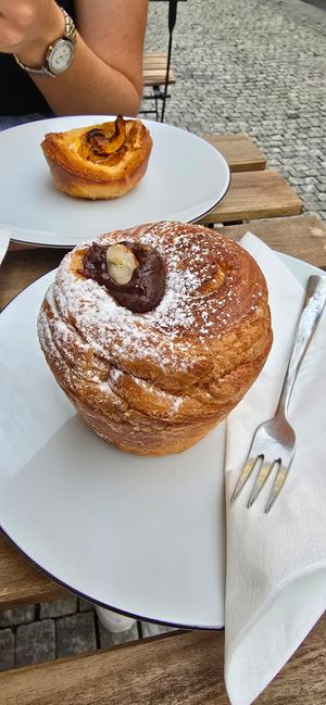Chocolate hazelnut cruffin- filled all the way through with chocolate spread. at Underdogs' Café in Prague