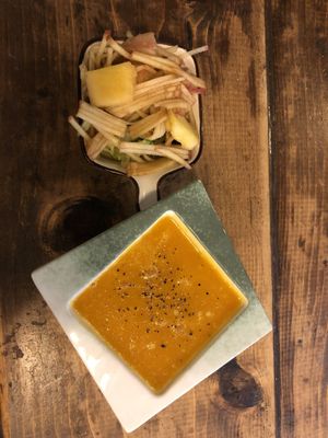 Starter apple salad and daily soup.   at Veggie Spinner 素食微調 in Hong Kong Island